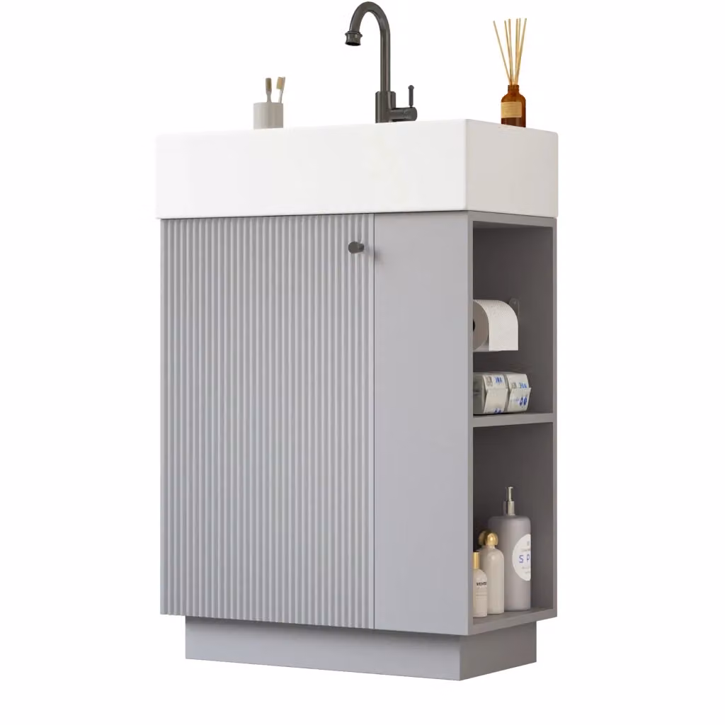 Mobile sottolavabo bagno freestanding Minimal grigio effetto legno con lavabo in ceramica integrato e ante soft-close – 2