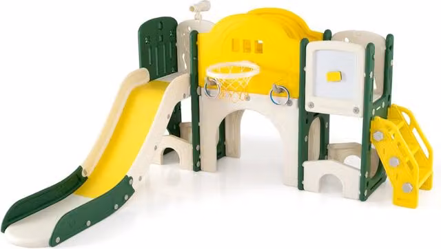 Set scivolo bambini 10 in 1 arrampicata lavagna magnetica telescopio lancio anelli, Scivolo canestro basket tunnel strisciare corridoio lungo spazio stoccaggio