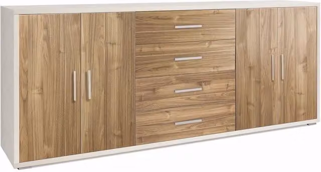 Madia credenza mobile con 4 ante e 4 cassetti 203x41x84H cm in kit di montaggio colore Ossido bianco e Noce Stelvio