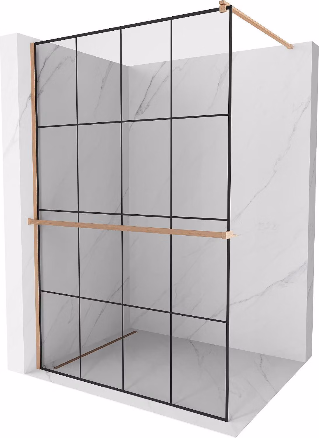 Mexen Kioto+ parete doccia con mensola Walk-in 140 x 200 cm, griglia nera, rame spazzolato - 800-140-121-65-77