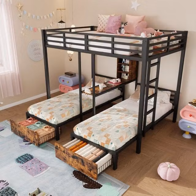 Letto a castello triplo nero 140x200 cm + 90x200 cm con sbarre di sicurezza, cassetti e vani portaoggetti, senza materasso