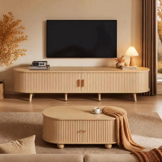 Desviae Mobile TV con tavolino da salotto in MDF color noce chiaro con gambe in legno per soggiorno