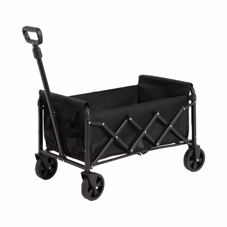 Carrello da giardino pieghevole, carrello con freni, robusto carrello da trasporto, ampia capacità e maniglia automatica, per la spiaggia, il giardino e la spesa, nero