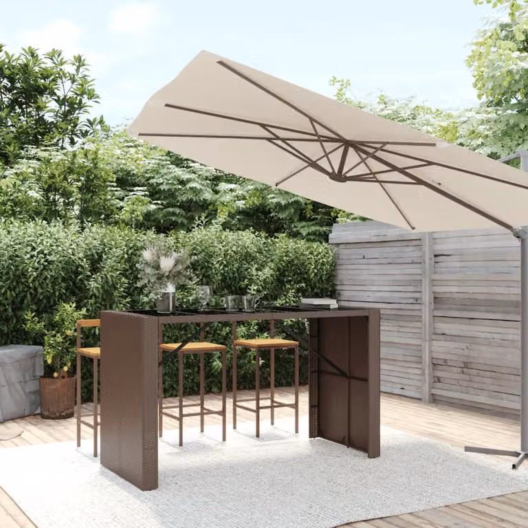 vidaXL Tavolo Bar Moderno in Polyrattan Marrone con Piano in Vetro L: 185 cm, P: 80 cm, H: 110 cm