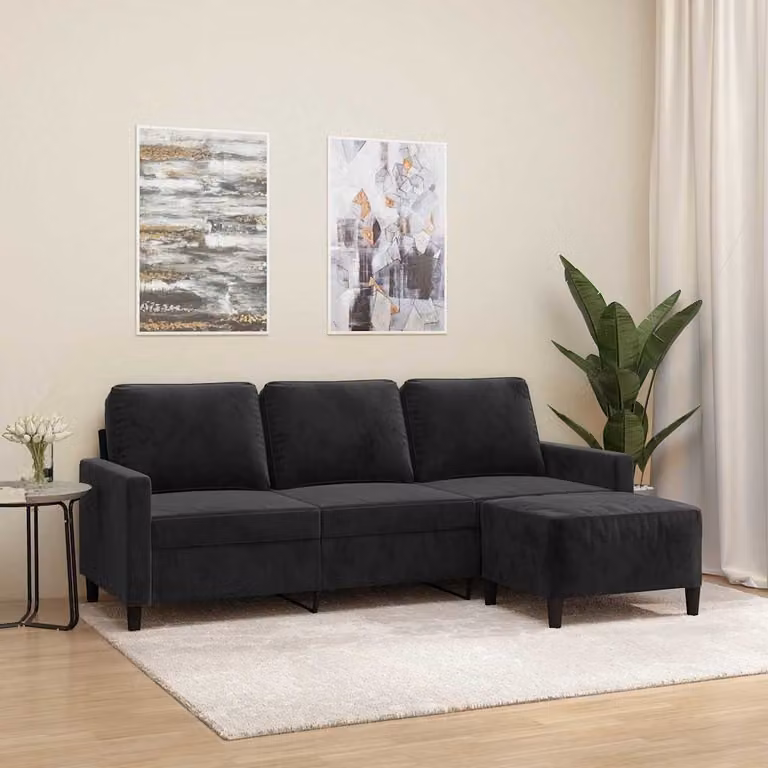 vidaXL Divano a 3 Posti Moderno in Velluto Nero con Poggiapiedi L: 198 cm, P: 80 cm, H: 77 cm