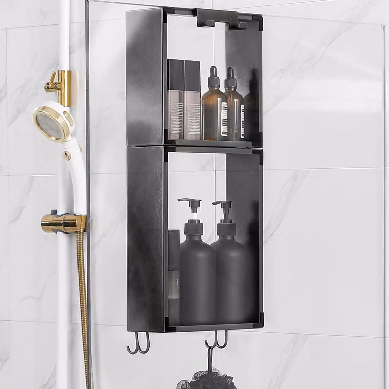 Portaoggetti da bagno sospeso, 52 cm, acciaio inossidabile nero, senza foratura, per box doccia