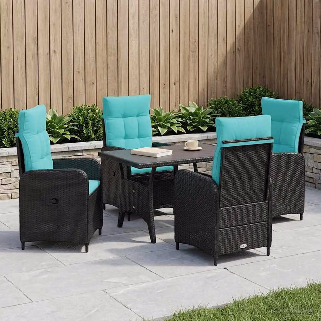Set da pranzo per esterni vidaXL in polyrattan da 5 pezzi, colore nero e turchese, L/P/H: 120 x 70 x 66 cm