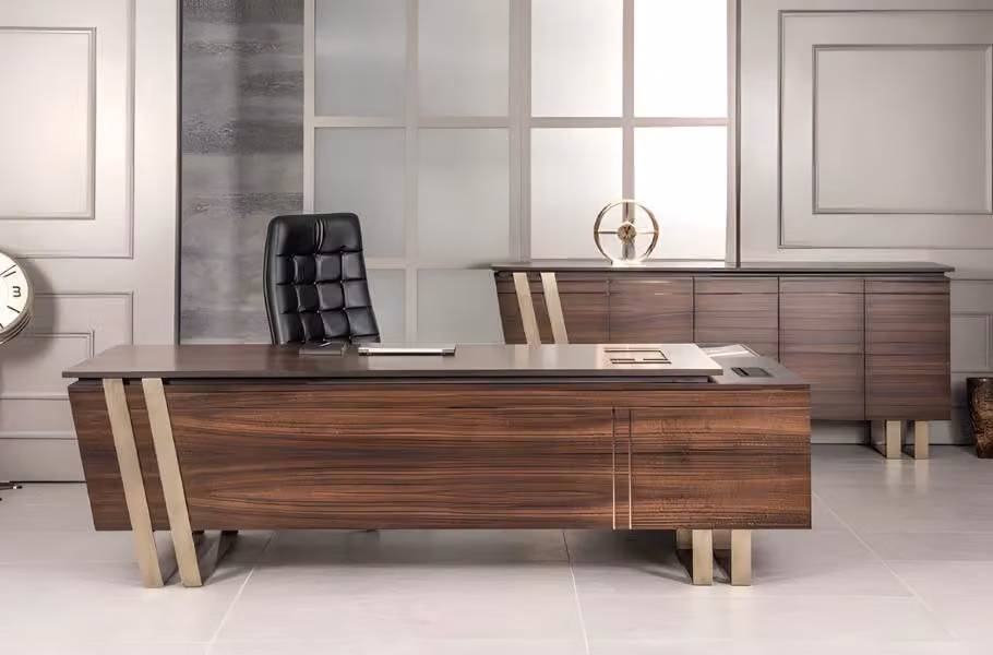 Schreibtisch Bürotisch Braun Edelstahl Büroeinrichtung Büro Holz Modern Tisch