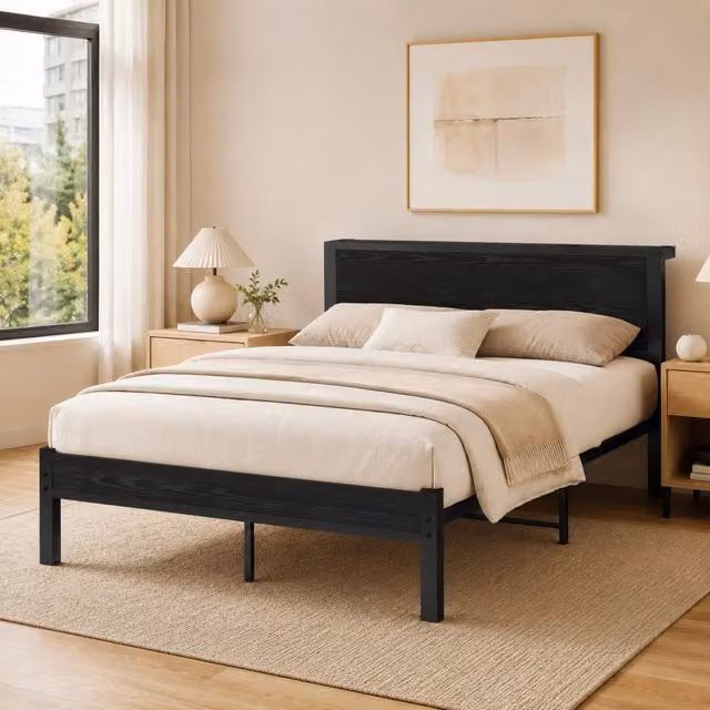 Letto singolo 120x200 cm con struttura in metallo e testiera contenitore, colore nero vintage
