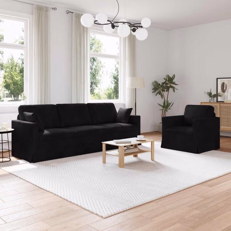 Set di divani 2 pz vidaXL in velluto nero con struttura in metallo e cuscini inclusi L/P/H: 228 x 78 x 80 cm