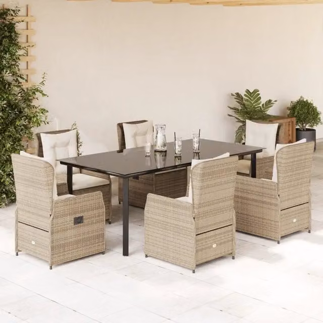 Set da pranzo da giardino vidaXL in polyrattan con cuscini beige e tavolo in vetro per 7 persone