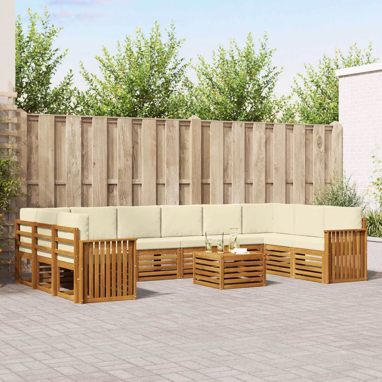 Set di divani da esterno vidaXL 11 pz in legno di acacia con cuscini, colore beige, bianco e marrone