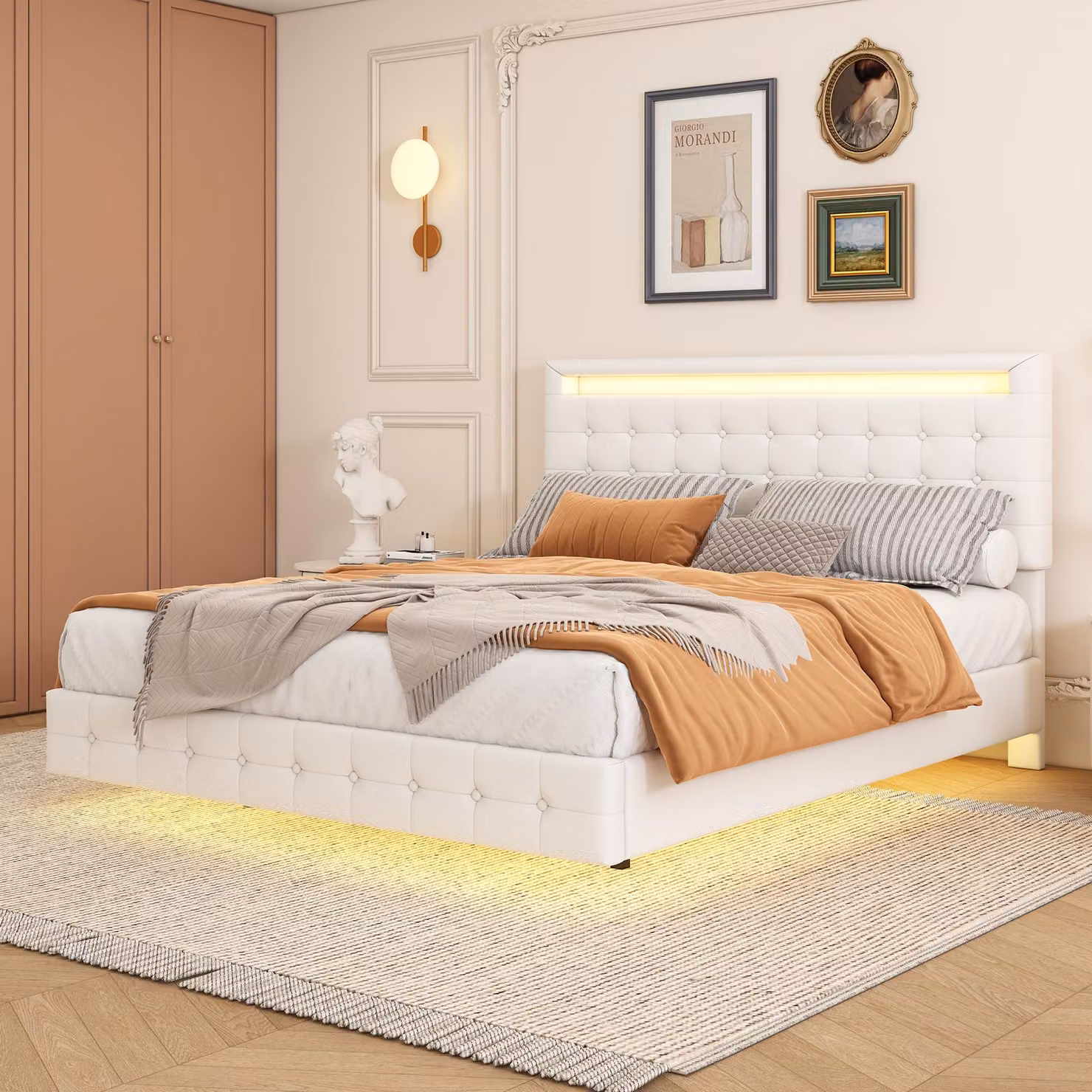 Letto imbottito STILVORA 140×200 cm, letto piatto con luce ambientale a LED, design fluttuante, regolazione in altezza della testiera in tre posizioni, bianco