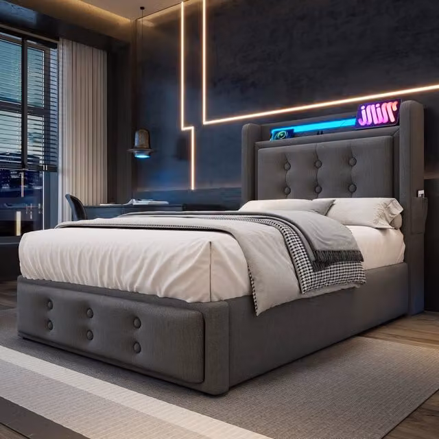 Letto singolo imbottito 90 × 200 cm con materasso LED prese USB Type-C contenitore cotone e lino grigio