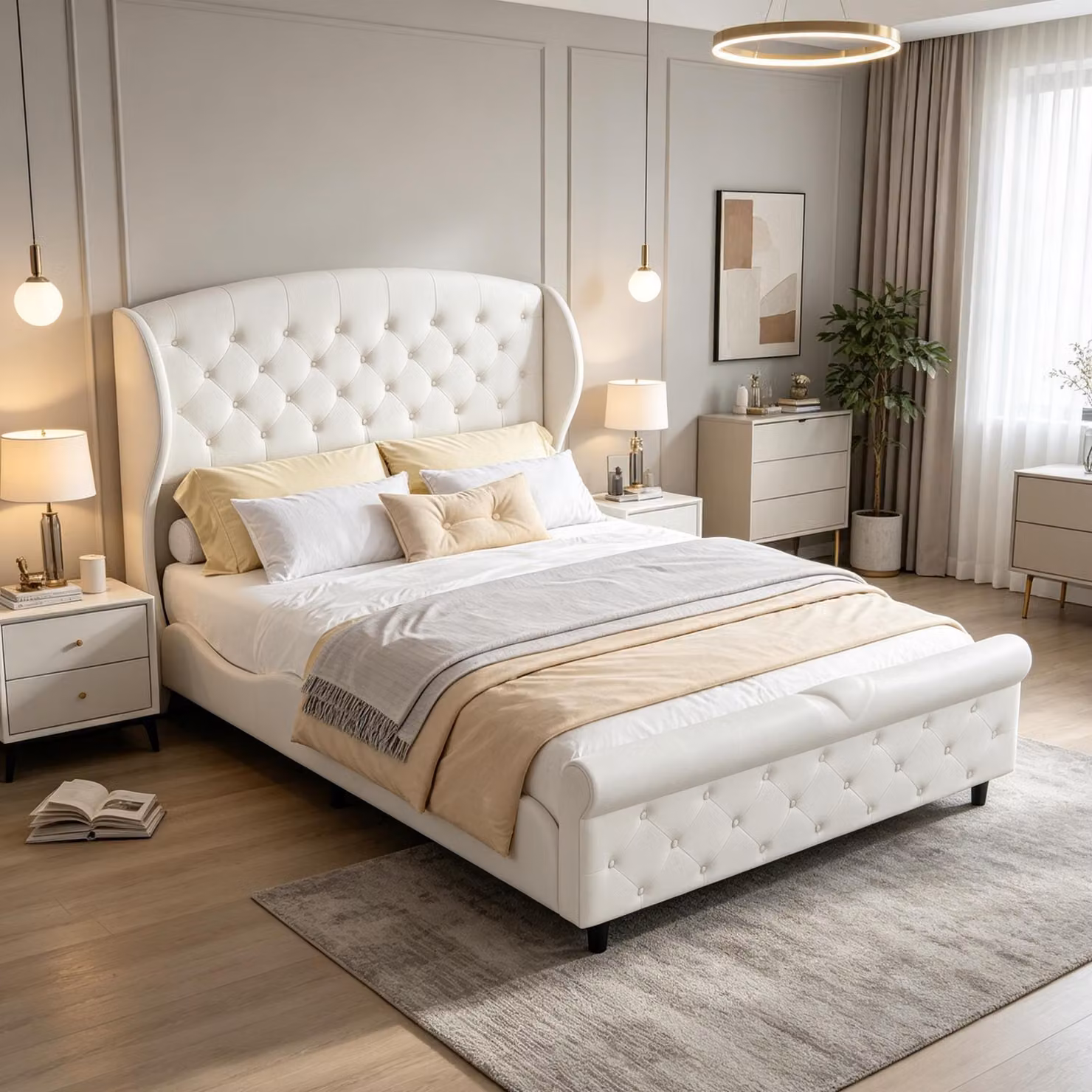 Letto imbottito INONEFT, 140 x 200 cm, letto matrimoniale, letto per ragazzi con testiera e rete a doghe, struttura letto per adulti e adolescenti, velluto, color crema