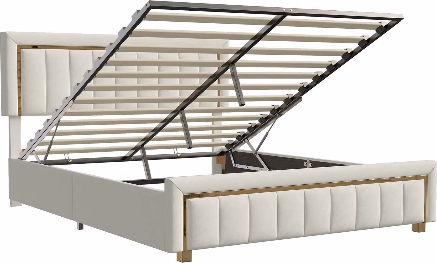 Letto matrimoniale imbottito 160x200 cm, con contenitore, rivestito in velluto, struttura in legno, rete a listelli, design moderno, colore beige