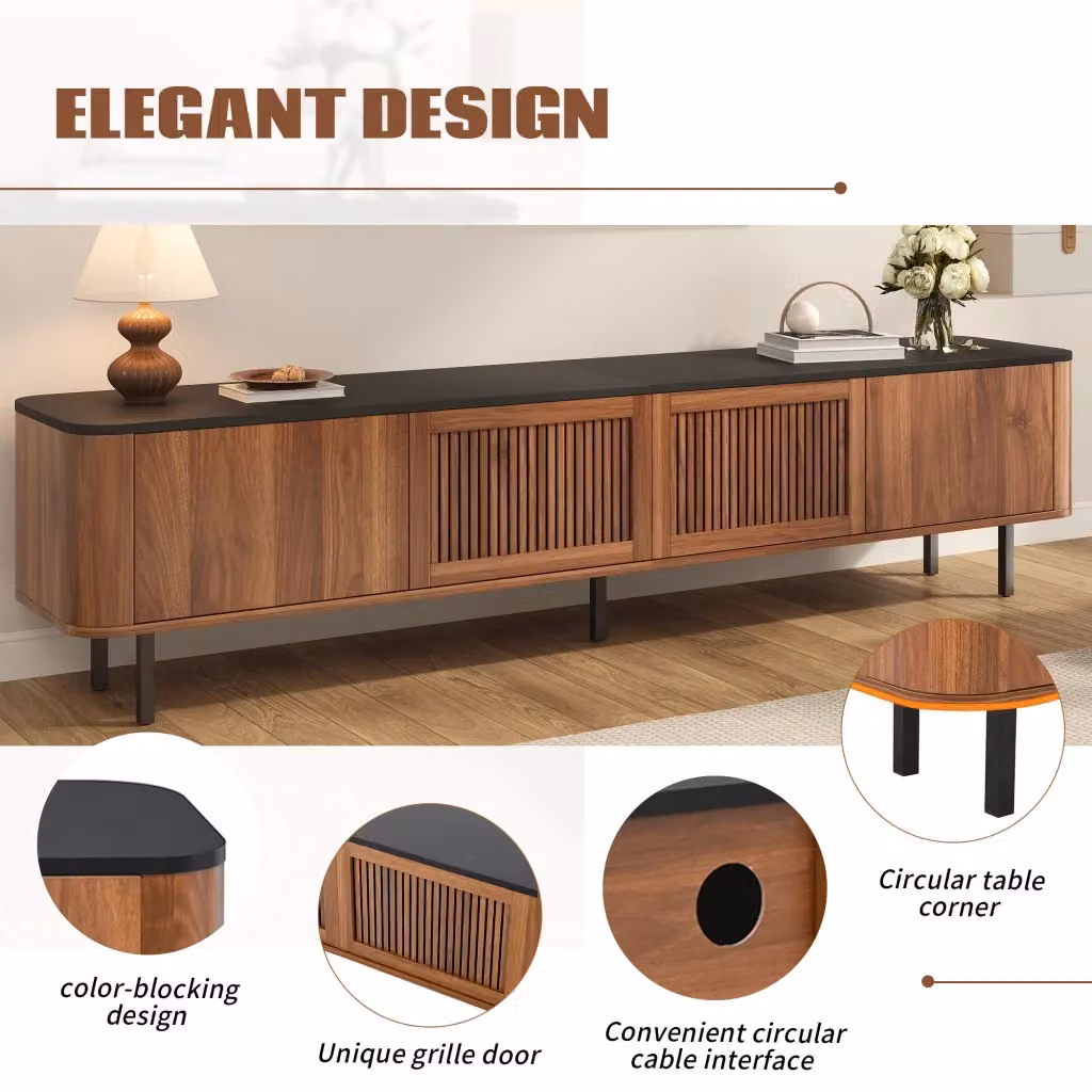 Mobile TV REDOM in MDF e legno, stile minimalista, colore noce e nero, L: 190 cm, P: 35 cm, H: 45 cm – 2