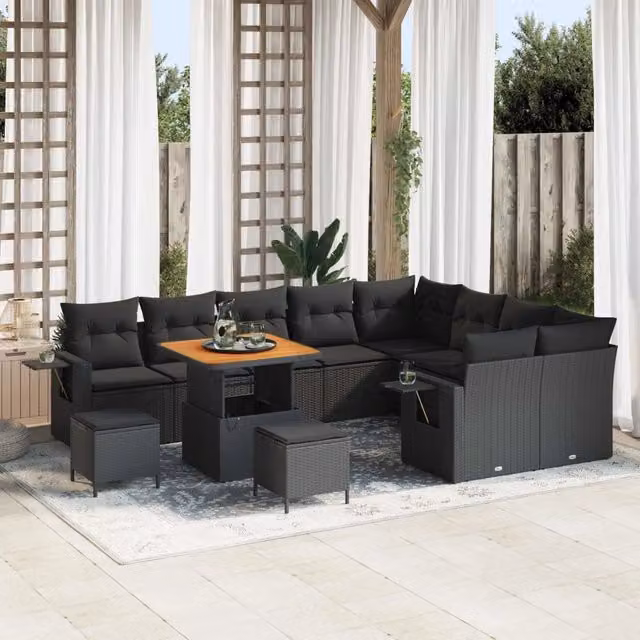Set Divano da Giardino vidaXL a Forma a U con 11 Posti, Colore Nero, in Polyrattan e Metallo con Cuscini Inclusi