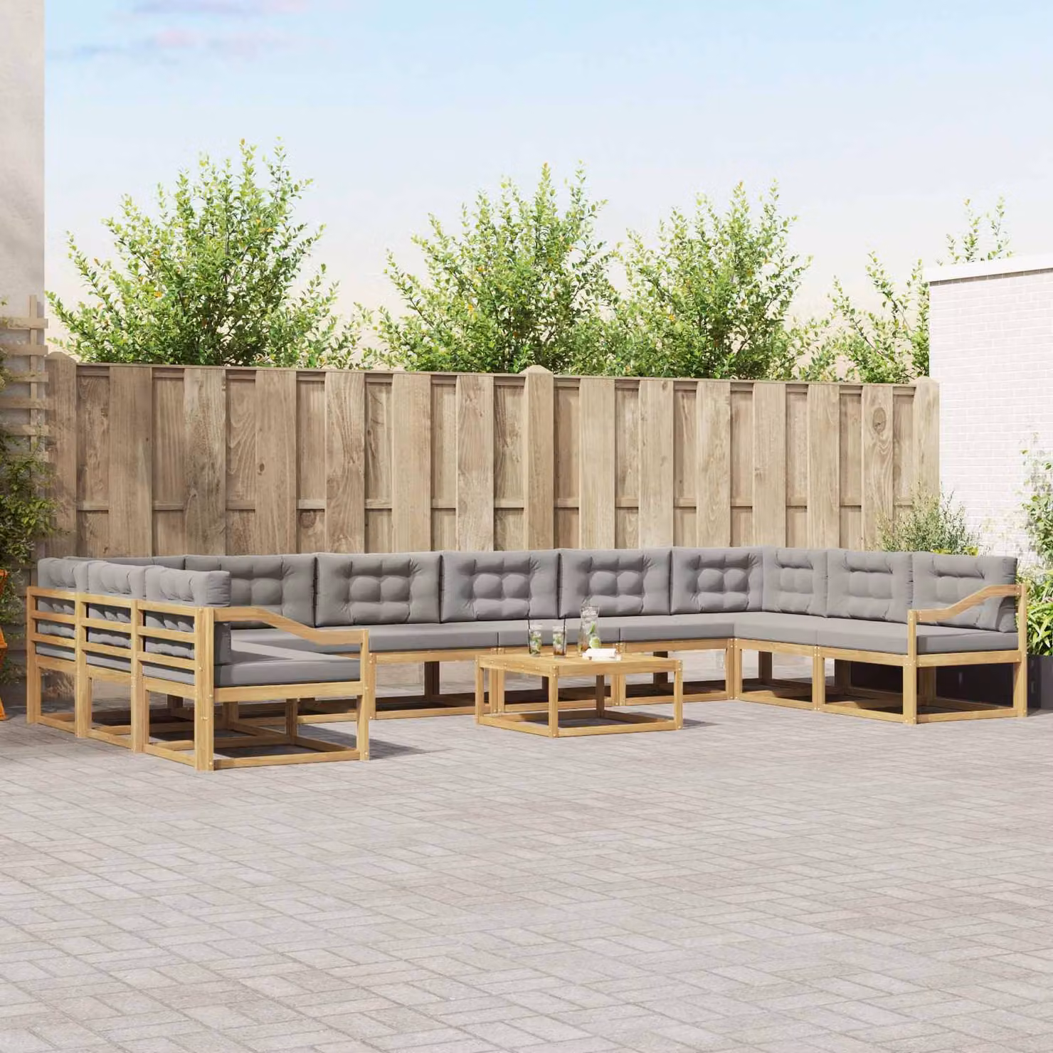 vidaXL Set di divani da esterno a forma di U composto da 11 pezzi in legno di acacia con cuscini, Bianco, Grigio e Marrone