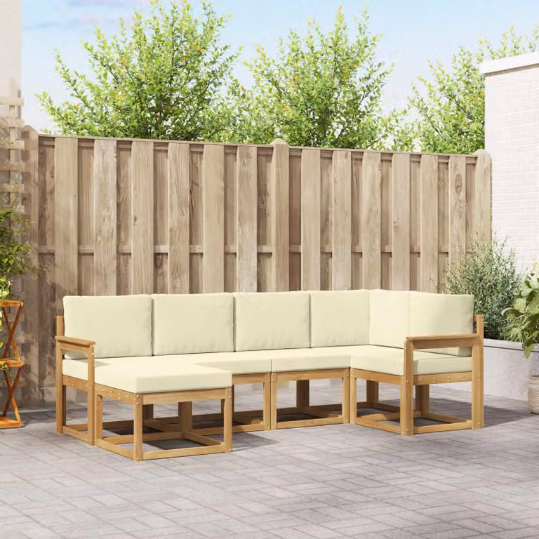 Set di divani da esterno vidaXL a forma di L composto da 6 pezzi con cuscini, colore bianco e beige, struttura in legno di acacia e tessuto resistente