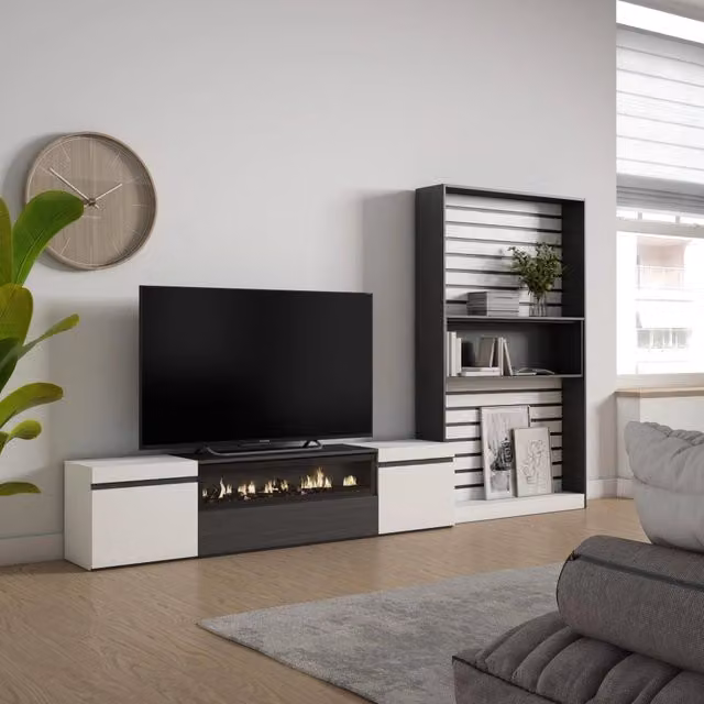 Mobile TV per soggiorno Skraut Home con camino elettrico, Bianco e nero, L/P/H: 310 x 35 x 186 cm – 1