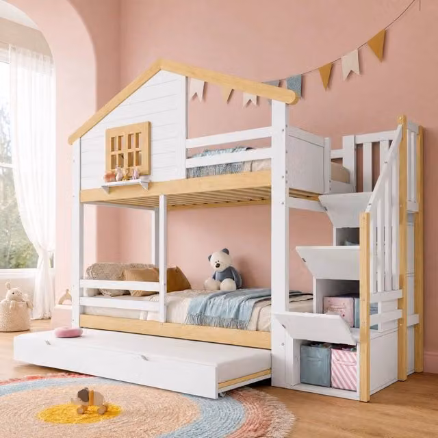 Letto a castello ULEVR 90x200 cm con letto estraibile, scala contenitore e sponde, bianco e naturale