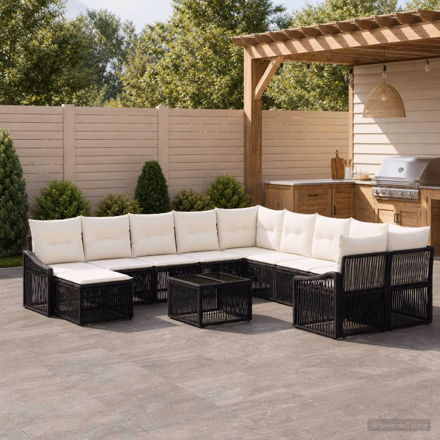 Set Divano da Giardino vidaXL a forma a U in Polyrattan Nero con Cuscini e Tavolino da Esterno
