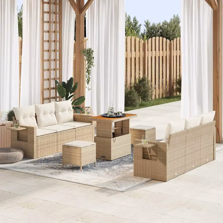 Set Divano da Giardino vidaXL 9 Pezzi a Forma di L con Tavolino e Pouf Beige