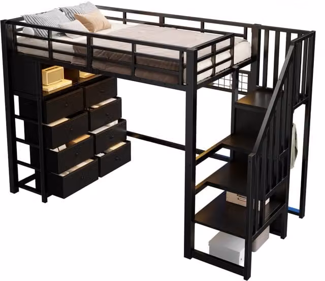 Letto a soppalco 90x200 cm in metallo nero con 8 cassetti, scala contenitore, scaffali e luci LED