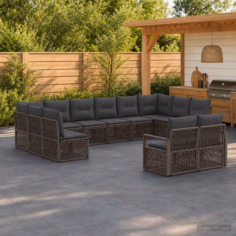 Set Divano da Giardino vidaXL 12 Pezzi a Forma di U in Polyrattan Grigio con Cuscini Imbottiti e Struttura in Acciaio