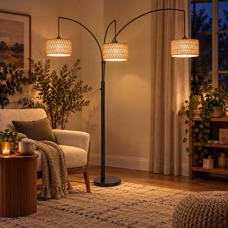 Lampada ad arco a 3 luci con set di paralumi doppi, lampada da terra nera da 180 cm con paralumi in rattan e tessuto, lampada da terra vintage per soggiorno e camera da letto, design boho e moderno, incluse 3 lampadine a LED