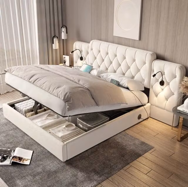 Struttura letto con vano contenitore in velluto; testiera allungata; luci da lettura e USB; 160 x 200 cm; beige