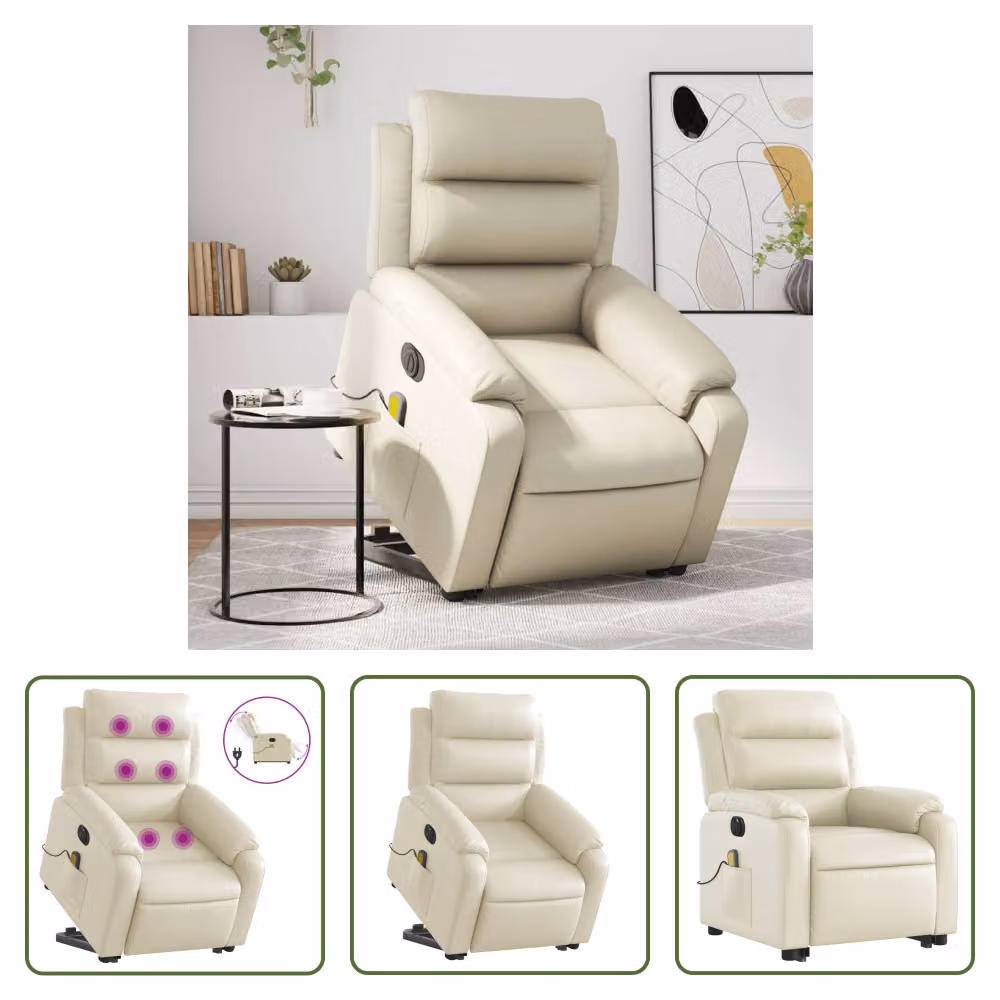 The Living Store Poltrona massaggiante con ausilio elettrico in ecopelle crema