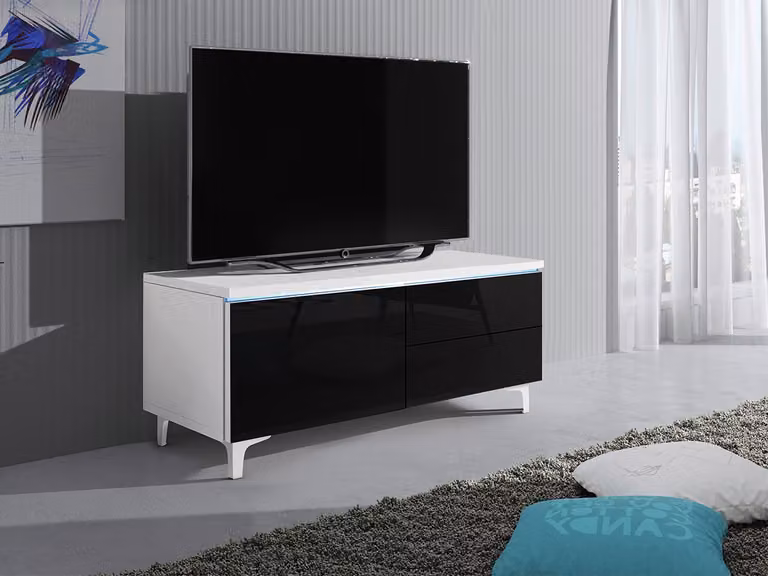 Tavolino per TV su gambe con illuminazione a LED FERNS 11 - bianco / nero lucido, sinistro
