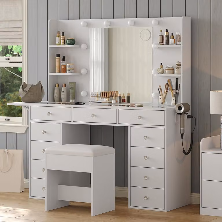 Comò da trucco con specchio e illuminazione a LED, 11 cassetti, prese di corrente, colore bianco
