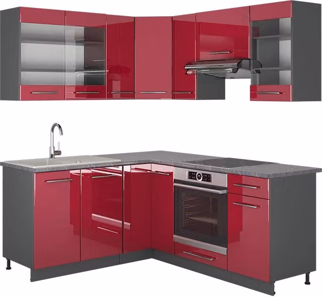 Cucina angolare moderna Vicco Fame-Line bordeaux lucido e antracite L/P/H: 190 x 160 x 206,8 cm – 1