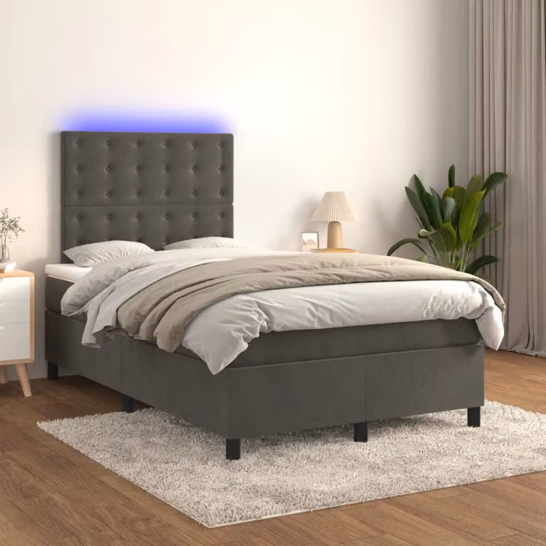 Letto Ibrido vidaXL con Materasso, Illuminazione LED Sotto il Letto e Porta USB, Rivestimento in Velluto Grigio, L/P: 120 x 200 cm