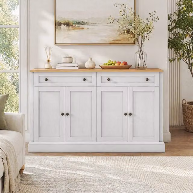 Credenza con 4 ante e 2 cassetti; 150 x 40 x 86 cm; piano in MDF; struttura in truciolare; bianco e legno naturale