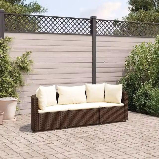 Set Divano da Giardino 3 posti vidaXL in Polyrattan Marrone con Cuscini e Struttura in Acciaio Verniciato a Polvere