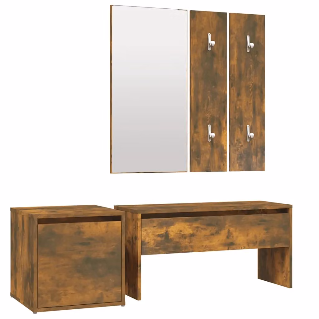 Set di mobili da corridoio moderno vidaXL in legno color rovere marrone con panca, specchio, pannello e scarpiera – 2