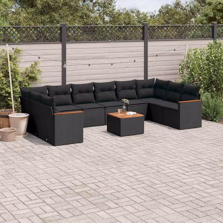 vidaXL Set Divani da Giardino a L 11 pz in Polyrattan Nero con Cuscini e Tavolino