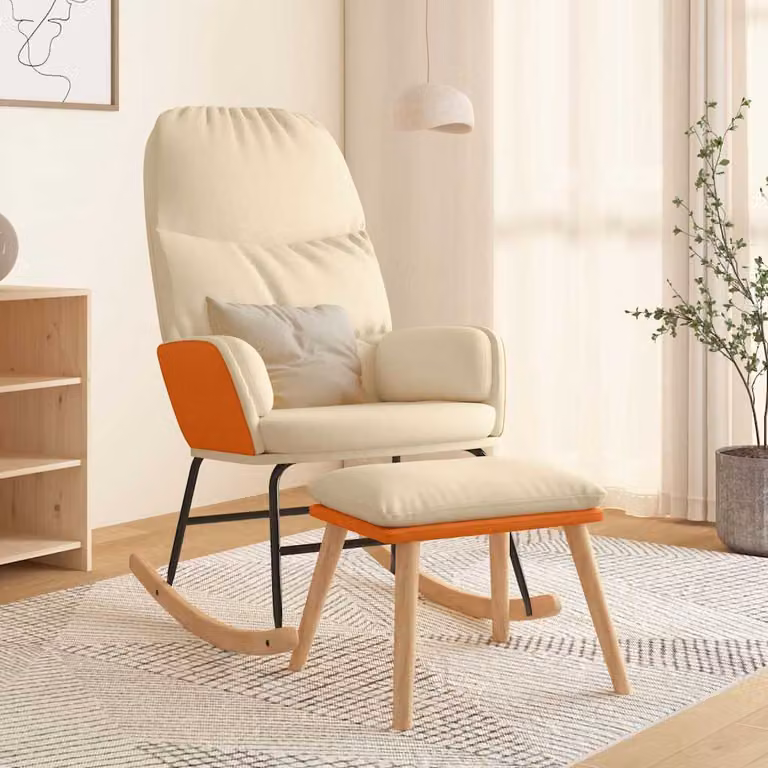 vidaXL Sedia a Dondolo Lounge con Poggiapiedi in Tessuto e Finta Pelle, Colore Bianco e Beige
