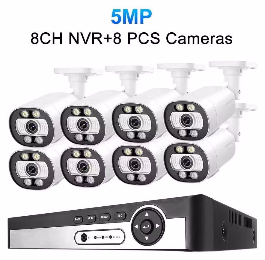 Sistema di telecamere di sicurezza a 8 canali, con telecamere IP da 5MP, dotate di riconoscimento facciale tramite intelligenza artificiale e visione notturna