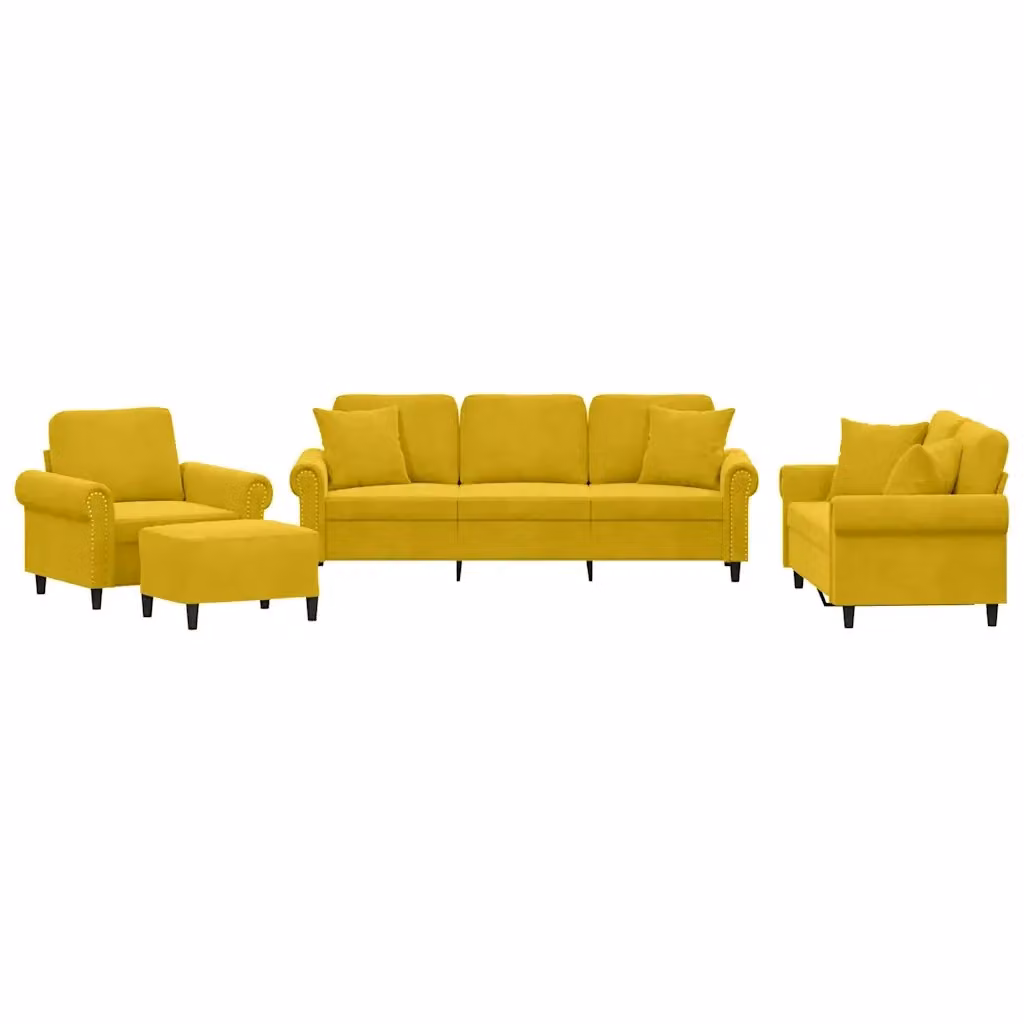Set di divani moderno vidaXL in velluto giallo composto da divano a 3 posti, divano a 2 posti, pouf e cuscini per il tuo soggiorno – 2