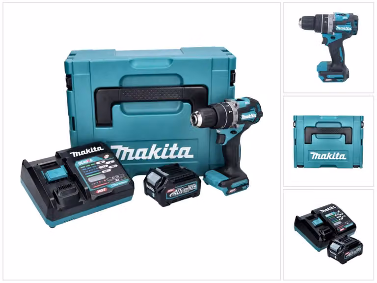 Trapano avvitatore a percussione a batteria Makita HP 002 GD101 da 40 V, 64 Nm, brushless + 1 batteria da 2,5 Ah + caricabatterie + Makpac
