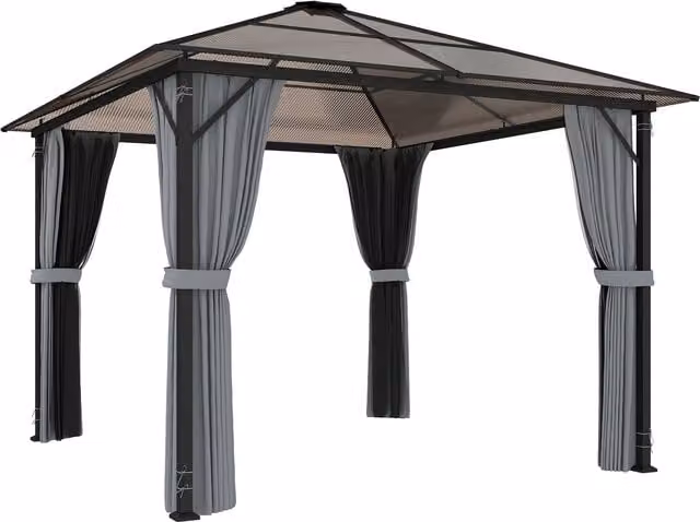 Gazebo da esterno Outsunny con tetto rigido e finestre, L: 300 cm x P: 300 cm, Grigio scuro