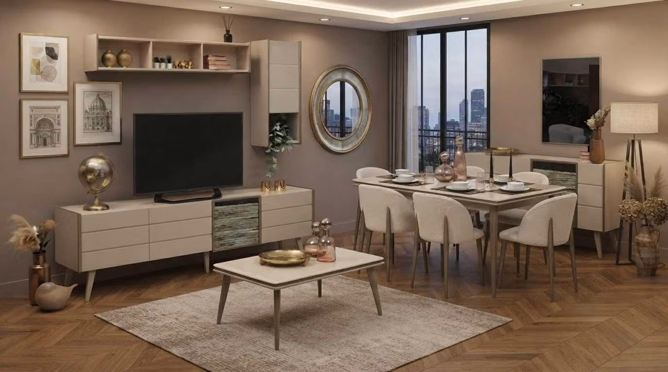 Set per soggiorno beige, moderno, composto da: tavolo da pranzo, 4 sedie, mobile TV a basso profilo e tavolino