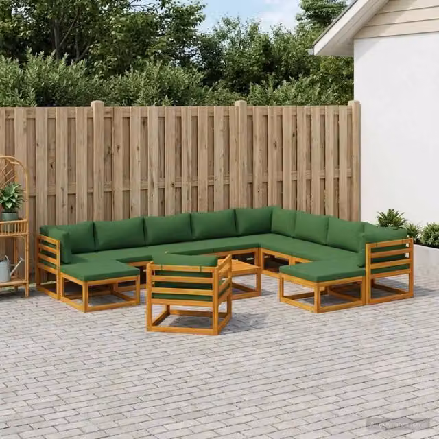 Set di divani da giardino vidaXL in legno di acacia massello con cuscini e tavolino, colore marrone e verde – 1