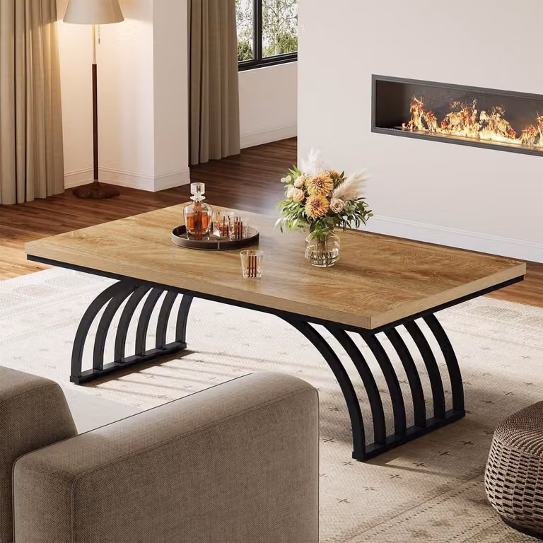 Tavolino da caffè in stile industriale, legno e metallo, 120 cm, color marrone chiaro