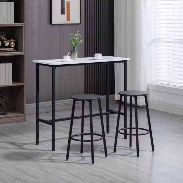 Set bar ULEVR 3 pezzi con tavolo 100x40x90 cm e 2 sgabelli con poggiapiedi, acciaio bianco effetto marmo